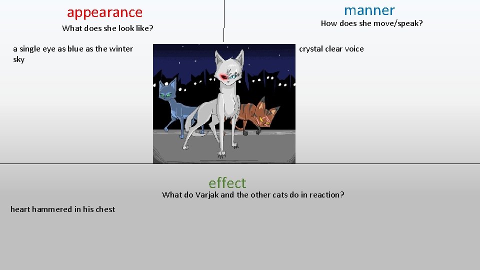 manner appearance How does she move/speak? What does she look like? a single eye