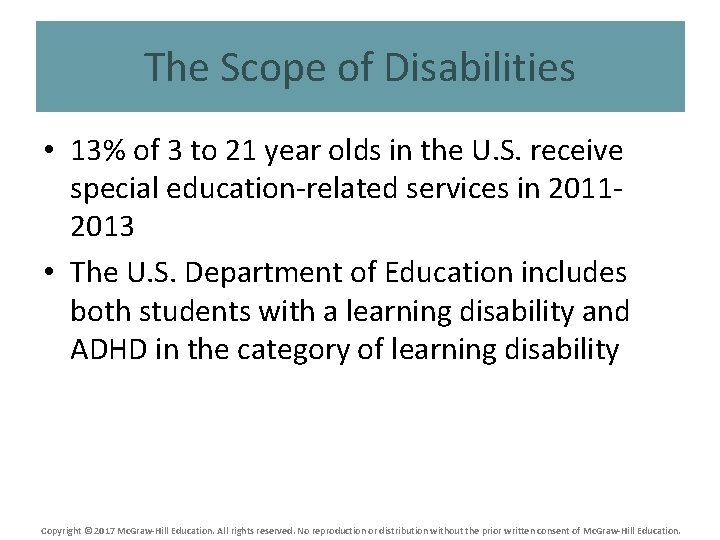The Scope of Disabilities • 13% of 3 to 21 year olds in the