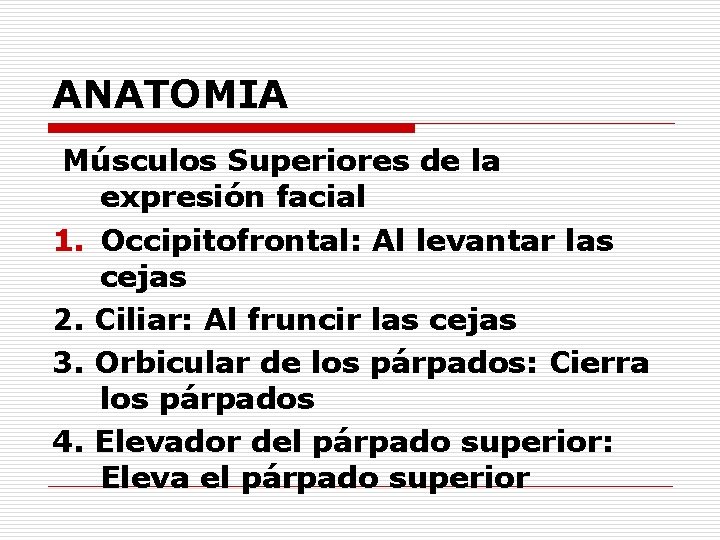 ANATOMIA Músculos Superiores de la expresión facial 1. Occipitofrontal: Al levantar las cejas 2.