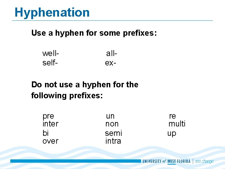 Hyphenation Use a hyphen for some prefixes: wellself- allex- Do not use a hyphen