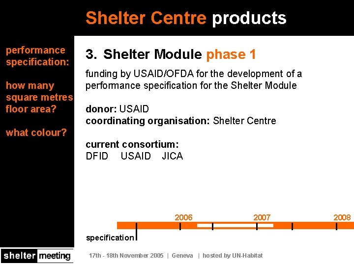 Shelter Centre products performance specification: how many square metres floor area? 3. Shelter Module