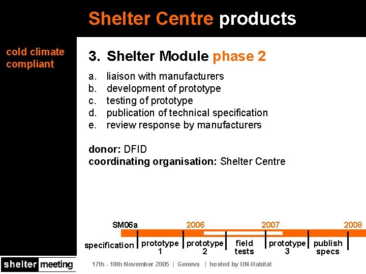 Shelter Centre products cold climate compliant 3. Shelter Module phase 2 a. b. c.