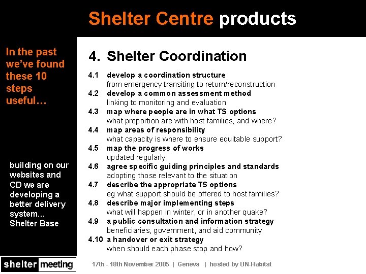 Shelter Centre products In the past we’ve found these 10 steps useful… building on