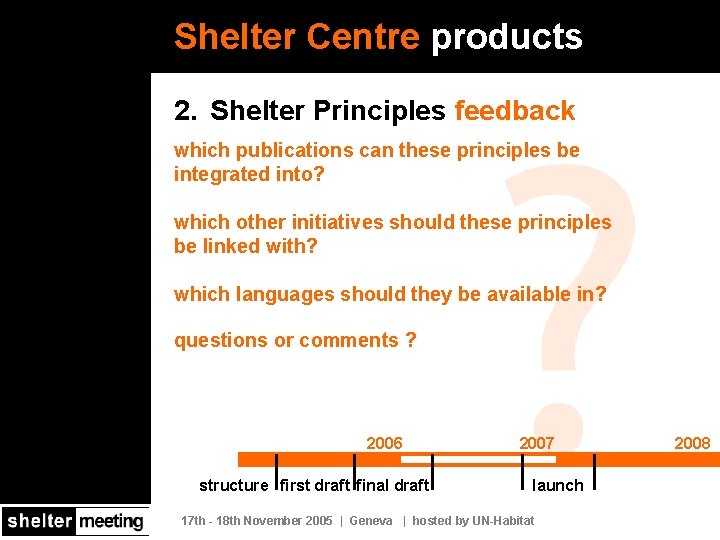 Shelter Centre products 2. Shelter Principles feedback which publications can these principles be integrated