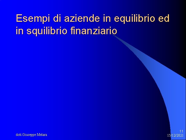 Esempi di aziende in equilibrio ed in squilibrio finanziario dott. Giuseppe Melara 11 15/12/2021