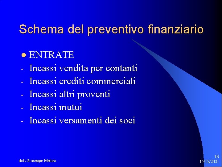 Schema del preventivo finanziario l - ENTRATE Incassi vendita per contanti Incassi crediti commerciali