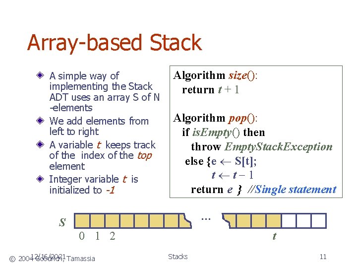 Array-based Stack A simple way of implementing the Stack ADT uses an array S