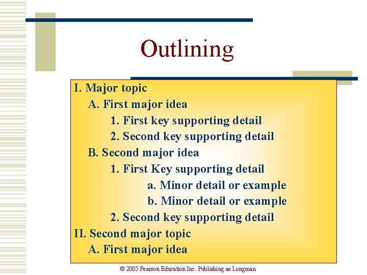 Outlining I. Major topic A. First major idea 1. First key supporting detail 2.