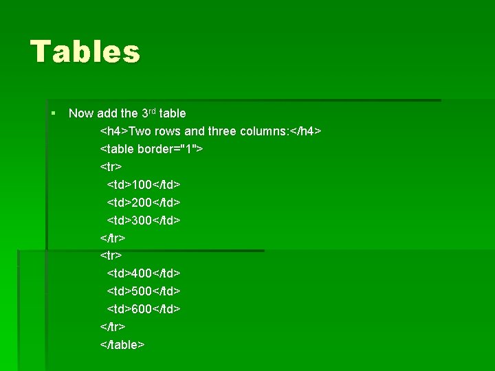 Tables § Now add the 3 rd table <h 4>Two rows and three columns: