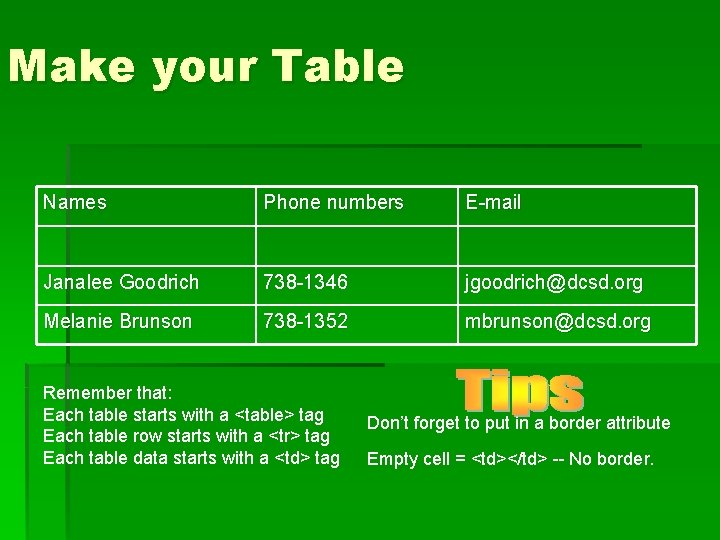 Make your Table Names Phone numbers E-mail Janalee Goodrich 738 -1346 jgoodrich@dcsd. org Melanie