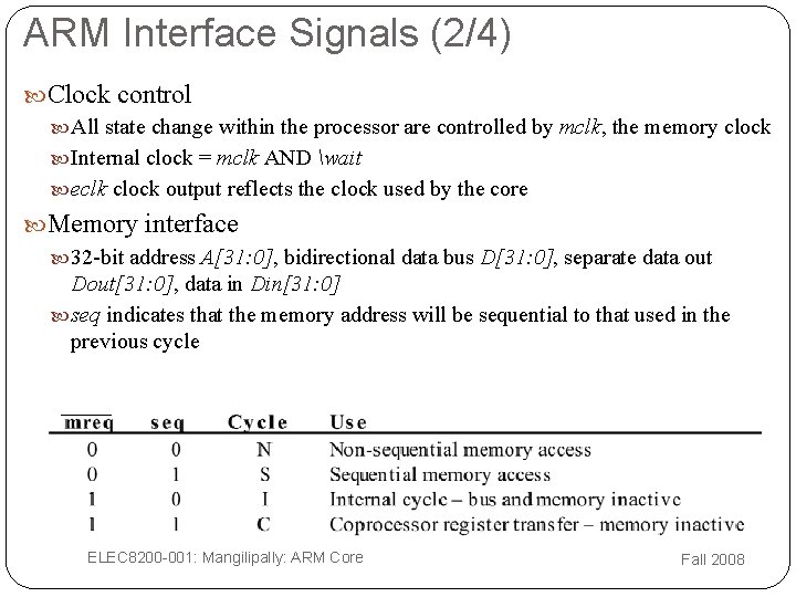 ARM Interface Signals (2/4) Clock control All state change within the processor are controlled ARM Interface Signals (2/4) Clock control All state change within the processor are controlled