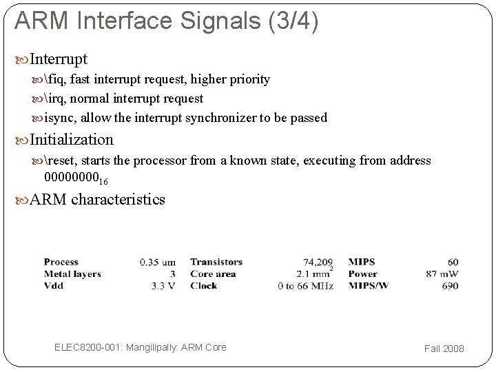 ARM Interface Signals (3/4) Interrupt fiq, fast interrupt request, higher priority irq, normal interrupt ARM Interface Signals (3/4) Interrupt fiq, fast interrupt request, higher priority irq, normal interrupt