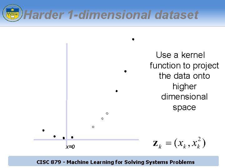 Harder 1 -dimensional dataset Use a kernel function to project the data onto higher Harder 1 -dimensional dataset Use a kernel function to project the data onto higher