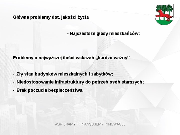 Główne problemy dot. jakości życia - Najczęstsze głosy mieszkańców: Problemy o najwyższej ilości wskazań