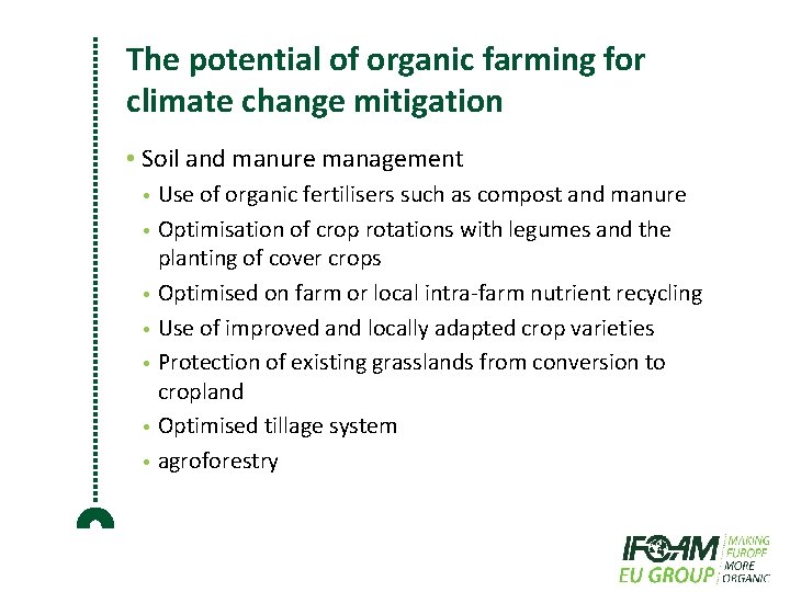 The potential of organic farming for climate change mitigation • Soil and manure management
