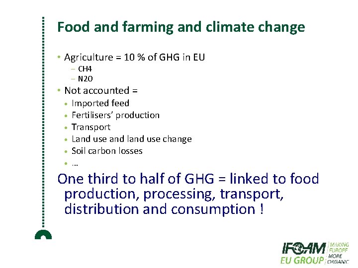 Food and farming and climate change • Agriculture = 10 % of GHG in
