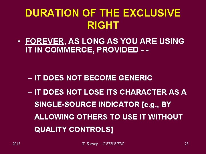 DURATION OF THE EXCLUSIVE RIGHT • FOREVER, AS LONG AS YOU ARE USING IT