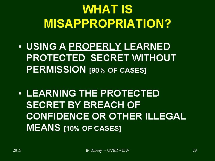 WHAT IS MISAPPROPRIATION? • USING A PROPERLY LEARNED PROTECTED SECRET WITHOUT PERMISSION [90% OF