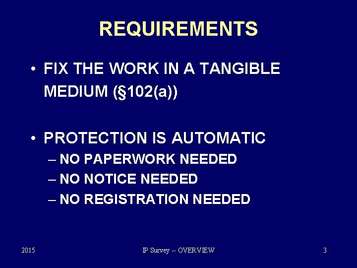 REQUIREMENTS • FIX THE WORK IN A TANGIBLE MEDIUM (§ 102(a)) • PROTECTION IS