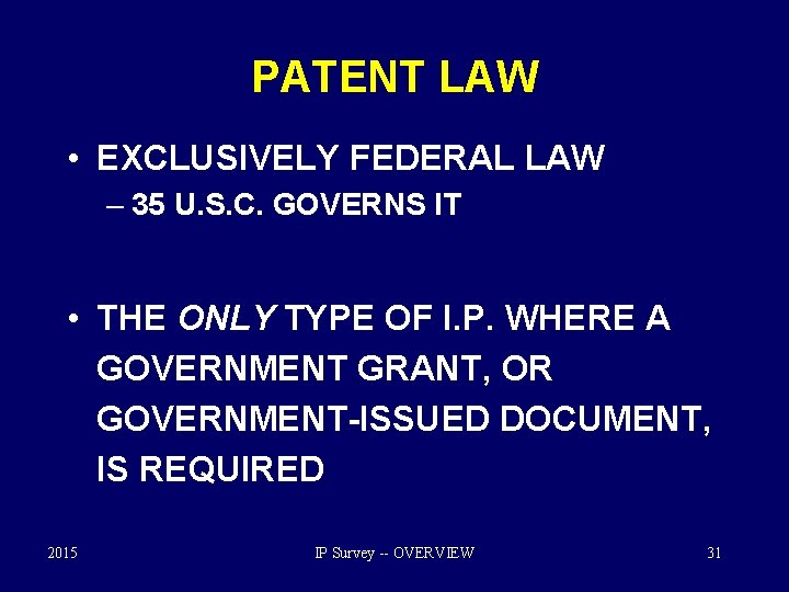PATENT LAW • EXCLUSIVELY FEDERAL LAW – 35 U. S. C. GOVERNS IT •