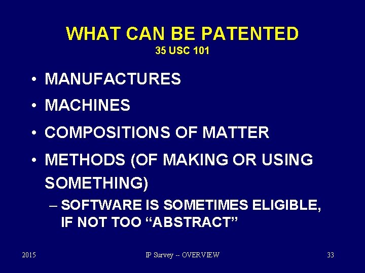 WHAT CAN BE PATENTED 35 USC 101 • MANUFACTURES • MACHINES • COMPOSITIONS OF