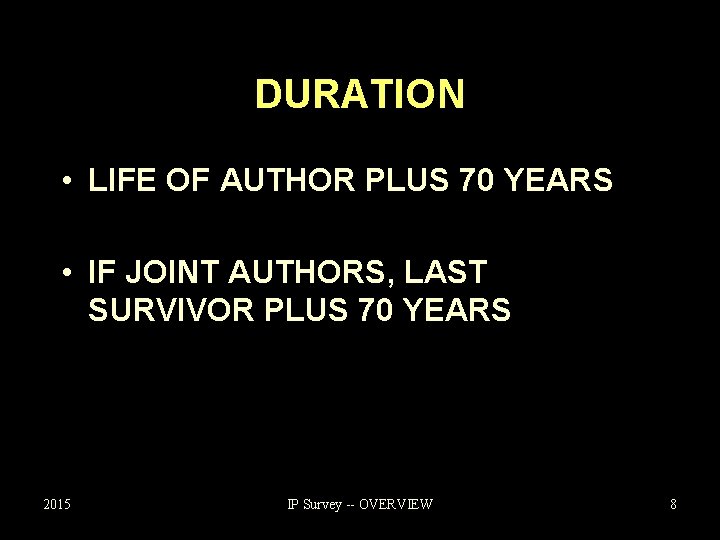DURATION • LIFE OF AUTHOR PLUS 70 YEARS • IF JOINT AUTHORS, LAST SURVIVOR