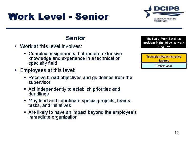 Work Level - Senior § Work at this level involves: § Complex assignments that Work Level - Senior § Work at this level involves: § Complex assignments that