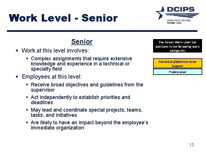 Work Level - Senior § Work at this level involves: § Complex assignments that