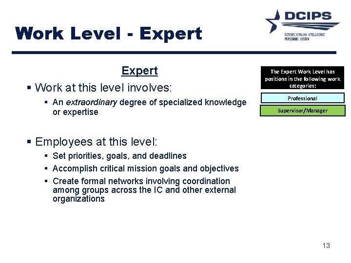 Work Level - Expert § Work at this level involves: § An extraordinary degree