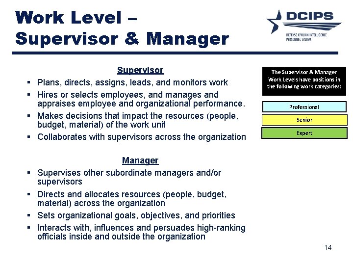 Work Level – Supervisor & Manager § § § § Supervisor Plans, directs, assigns,