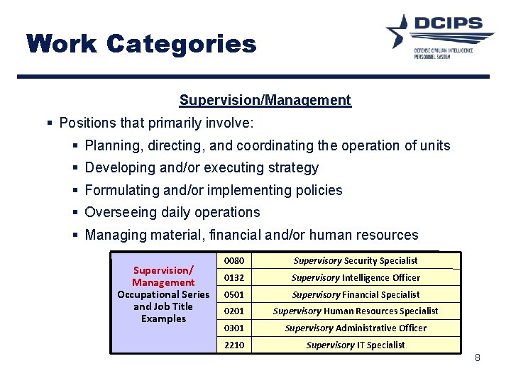 Work Categories Supervision/Management § Positions that primarily involve: § Planning, directing, and coordinating the