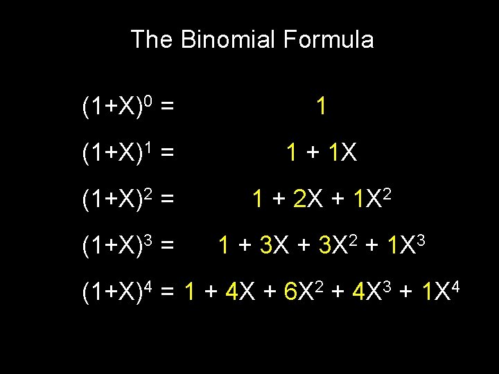 The Binomial Formula (1+X)0 = 1 (1+X)1 = 1 + 1 X (1+X)2 =