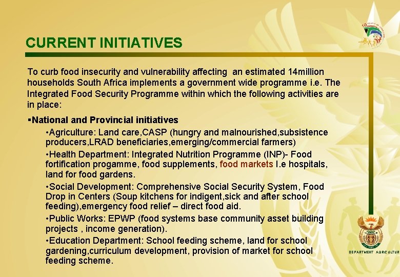 CURRENT INITIATIVES To curb food insecurity and vulnerability affecting an estimated 14 million households