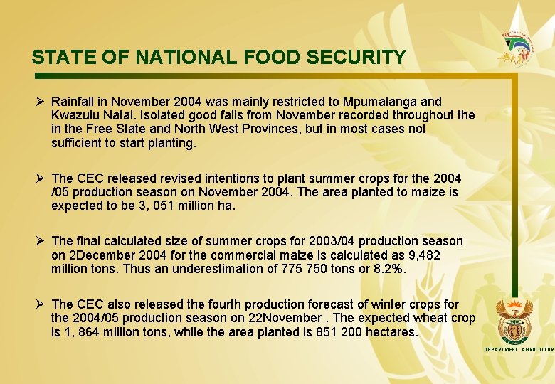 STATE OF NATIONAL FOOD SECURITY Ø Rainfall in November 2004 was mainly restricted to