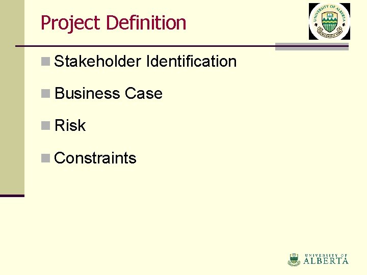 Project Definition n Stakeholder Identification n Business Case n Risk n Constraints 