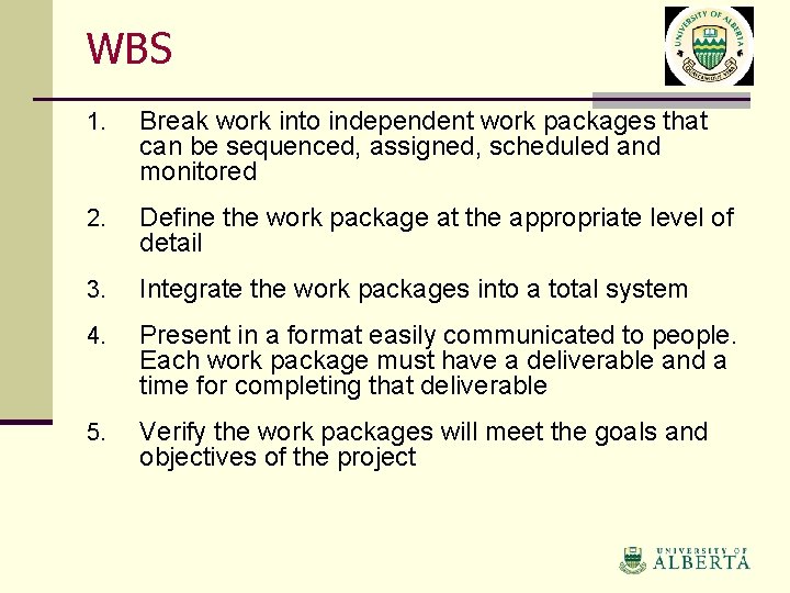 WBS 1. Break work into independent work packages that can be sequenced, assigned, scheduled