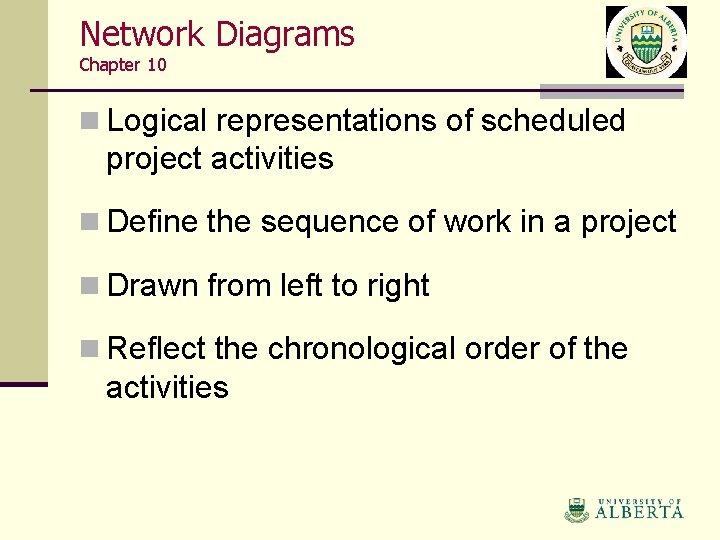 Network Diagrams Chapter 10 n Logical representations of scheduled project activities n Define the