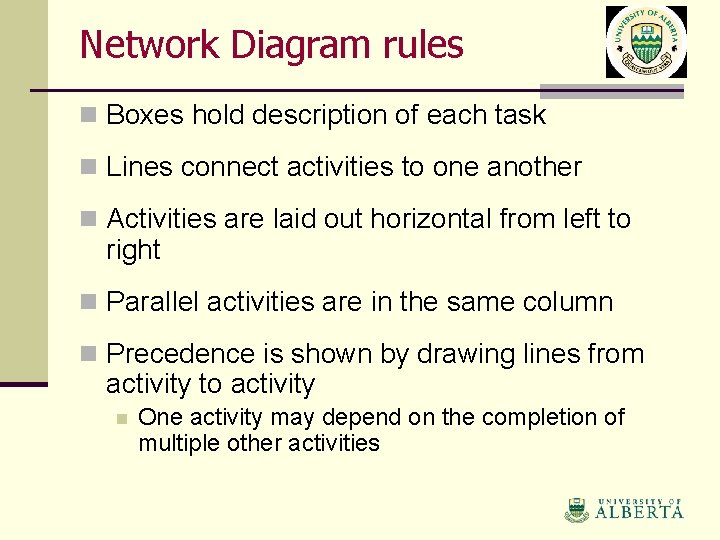 Network Diagram rules n Boxes hold description of each task n Lines connect activities