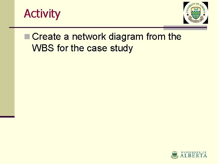 Activity n Create a network diagram from the WBS for the case study 