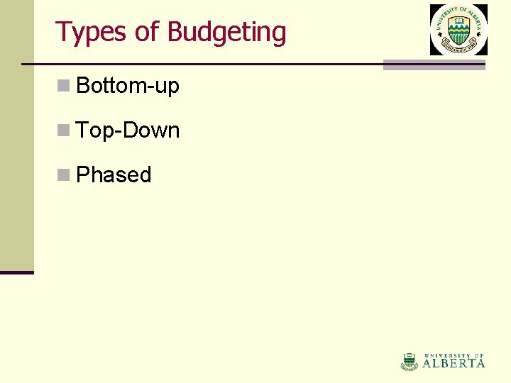 Types of Budgeting n Bottom-up n Top-Down n Phased 