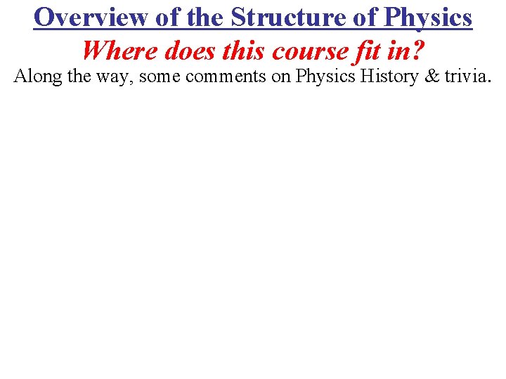 Overview of the Structure of Physics Where does this course fit in? Along the
