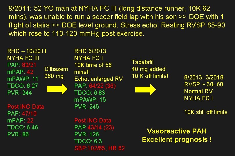 9/2011: 52 YO man at NYHA FC III (long distance runner, 10 K 62