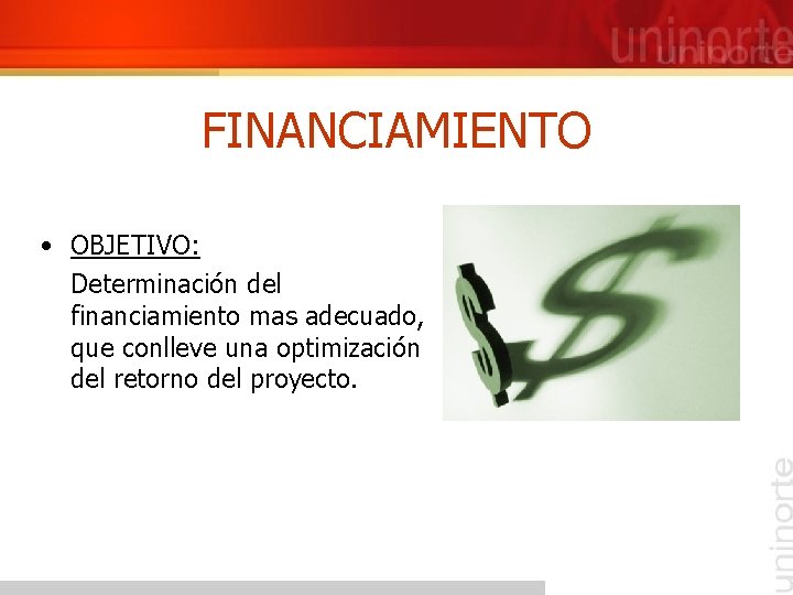 FINANCIAMIENTO • OBJETIVO: Determinación del financiamiento mas adecuado, que conlleve una optimización del retorno