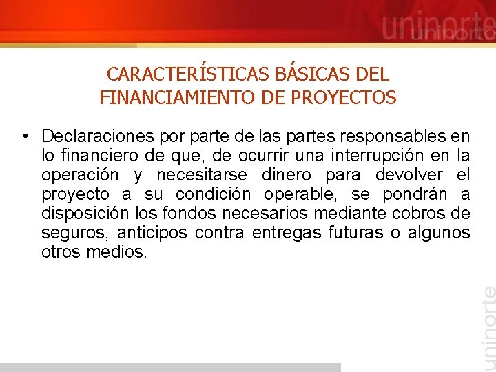 CARACTERÍSTICAS BÁSICAS DEL FINANCIAMIENTO DE PROYECTOS • Declaraciones por parte de las partes responsables