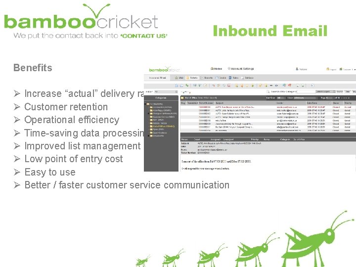 Inbound Email Benefits Ø Increase “actual” delivery rates Ø Customer retention Ø Operational efficiency