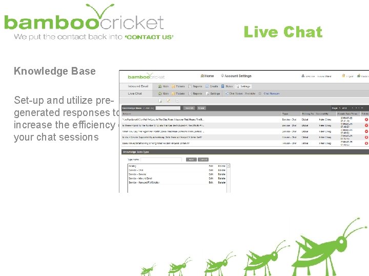 Live Chat Knowledge Base Set-up and utilize pregenerated responses to increase the efficiency of