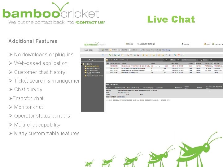 Live Chat Additional Features Ø No downloads or plug-ins Ø Web-based application Ø Customer