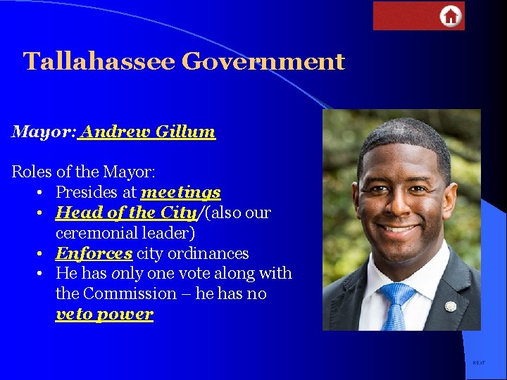 Tallahassee Government Mayor: Andrew Gillum Roles of the Mayor: • Presides at meetings •