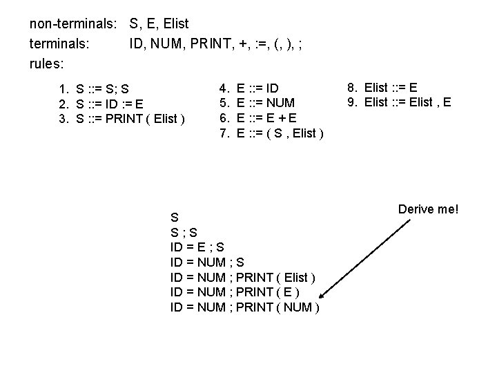 non-terminals: S, E, Elist terminals: ID, NUM, PRINT, +, : =, (, ), ;