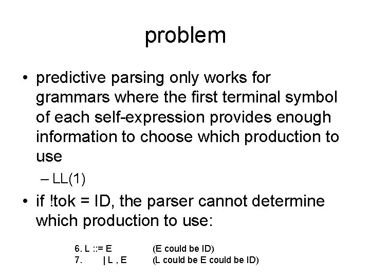 problem • predictive parsing only works for grammars where the first terminal symbol of